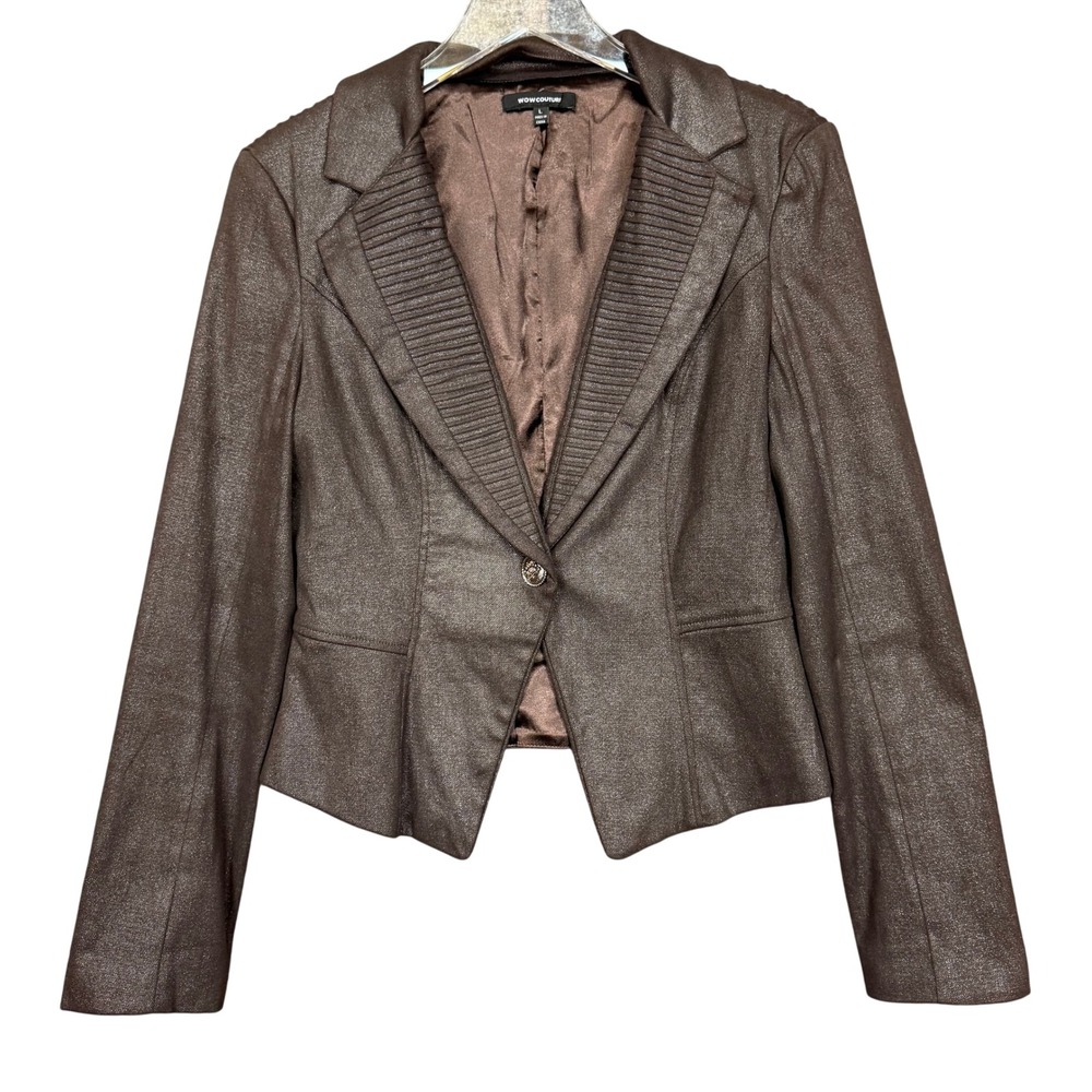 WOW Couture Blazer Jacket Women Large Brown Metallic Ribbed Collar Single Button